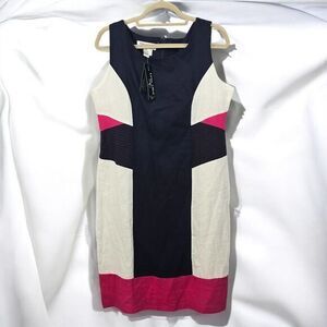 Lino‎ USA Luxe Color Block Linen Shift Dress Woman Med Navy White Pink Geometric